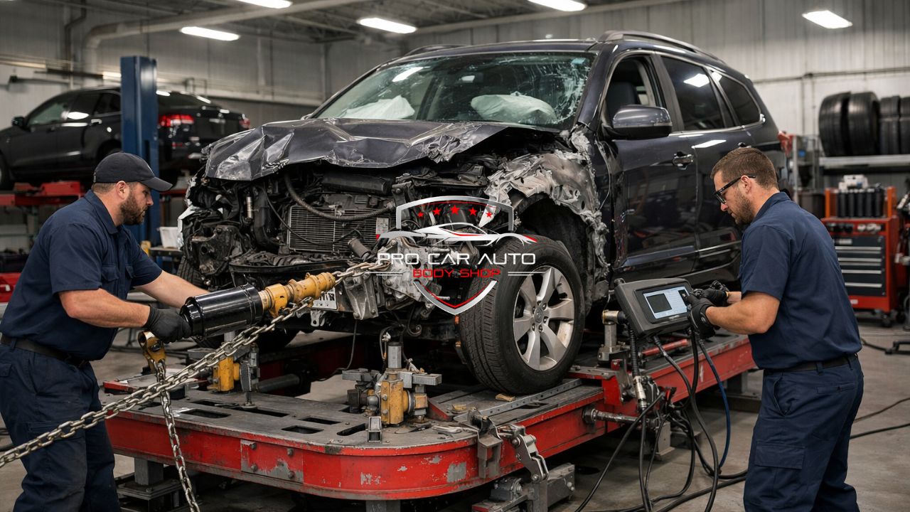 Major accident repair in Pompano Beach showing frame straightening and structural collision repair on a heavily damaged SUV.
