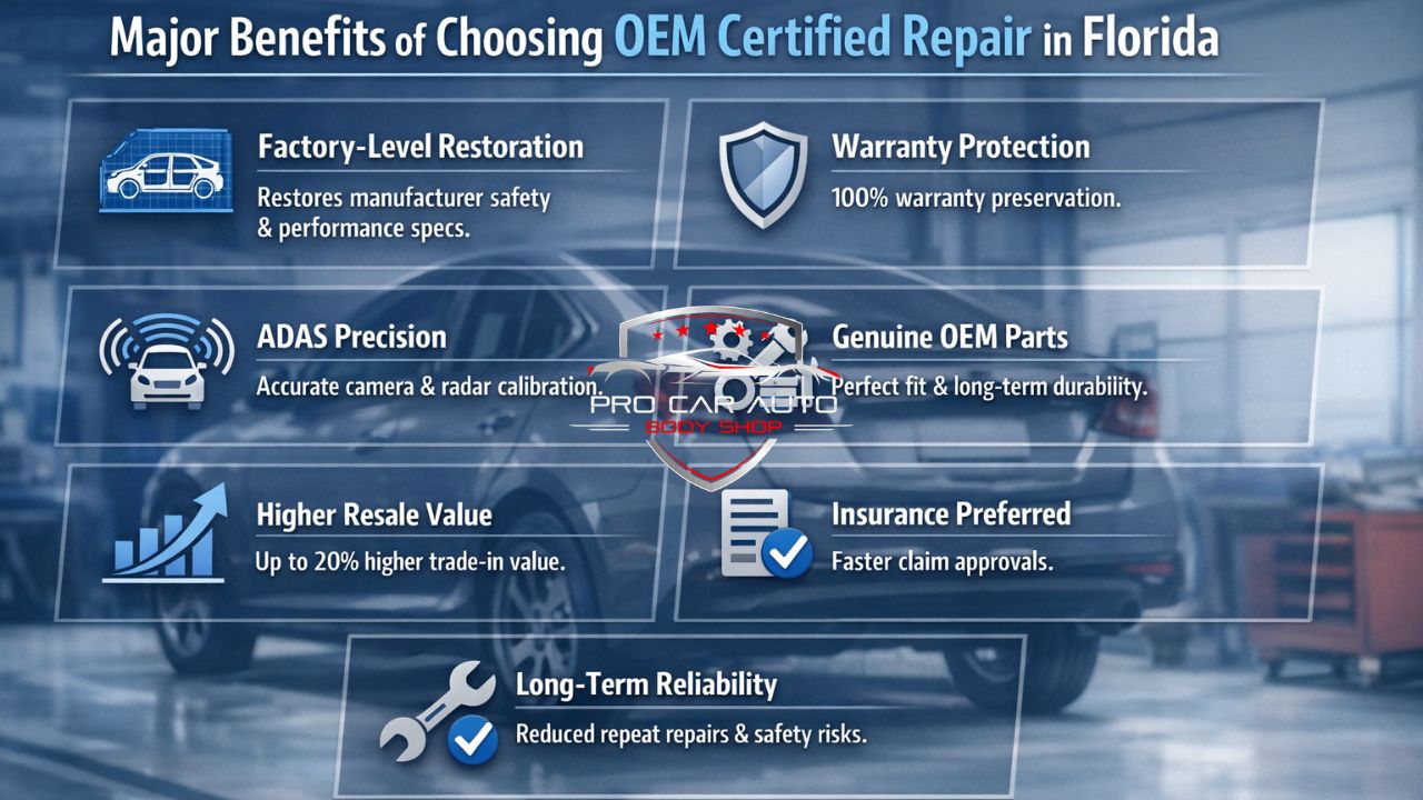 Major benefits of choosing OEM certified collision repair in Florida including warranty protection, ADAS precision, and genuine OEM parts.