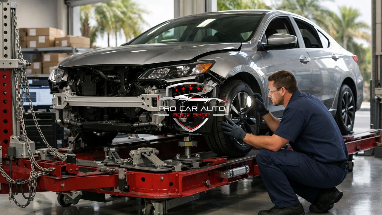 OEM certified collision repair technician inspecting front-end structural alignment on vehicle in Florida auto body shop.