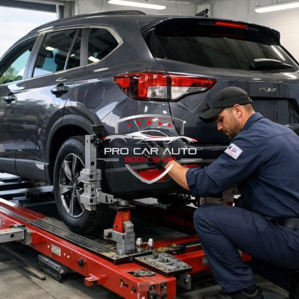OEM certified collision repair technician performing frame alignment on SUV using genuine OEM parts in Florida auto body shop 