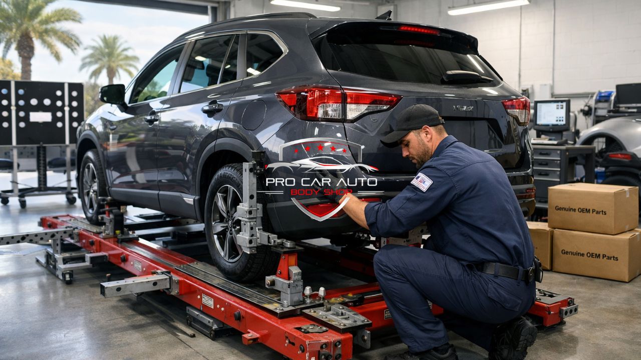 OEM certified collision repair technician performing frame alignment on SUV using genuine OEM parts in Florida auto body shop 