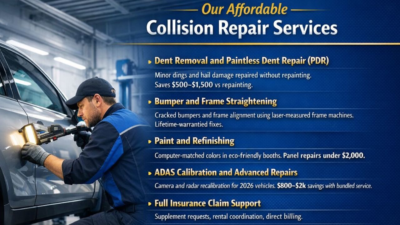 Affordable collision repair services in Pompano Beach including dent removal, bumper repair, paint refinishing, and ADAS calibration.