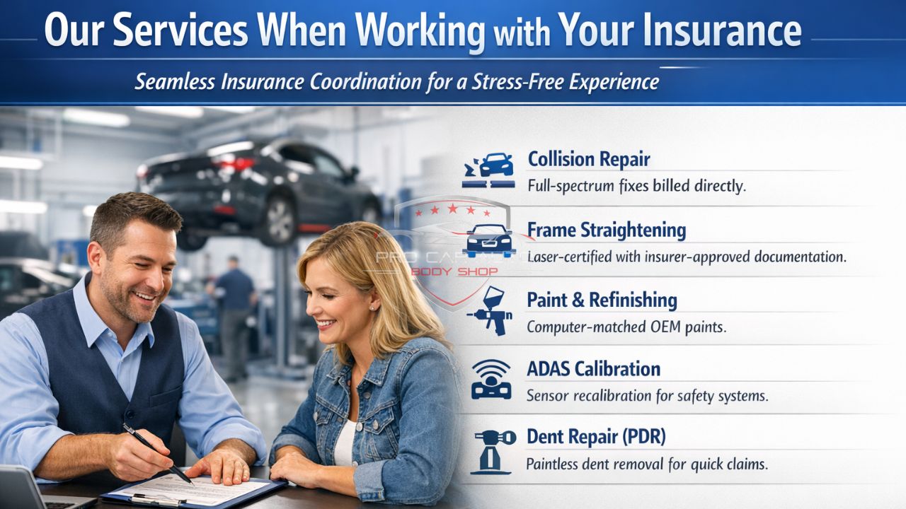 Auto body shop in Pompano Beach coordinating collision repair and insurance claim services with customer.