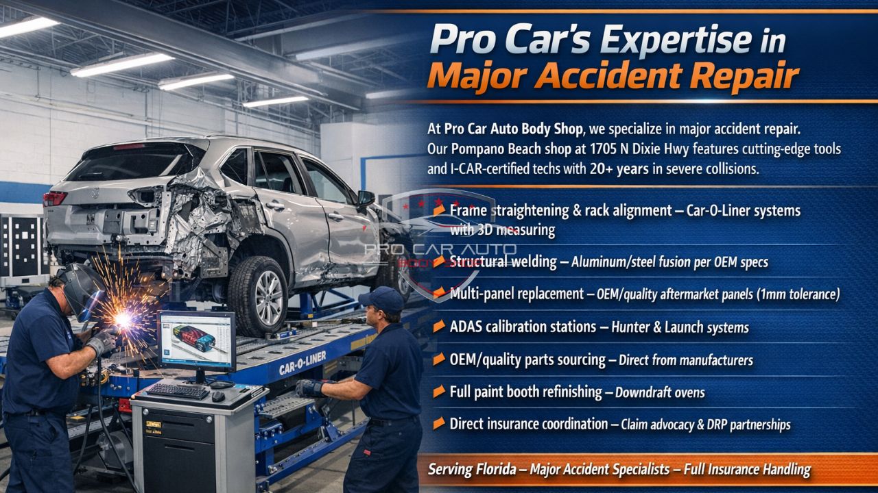 Pro Car Auto Body Shop major accident repair expertise in Pompano Beach featuring frame straightening, structural welding, and ADAS calibration.