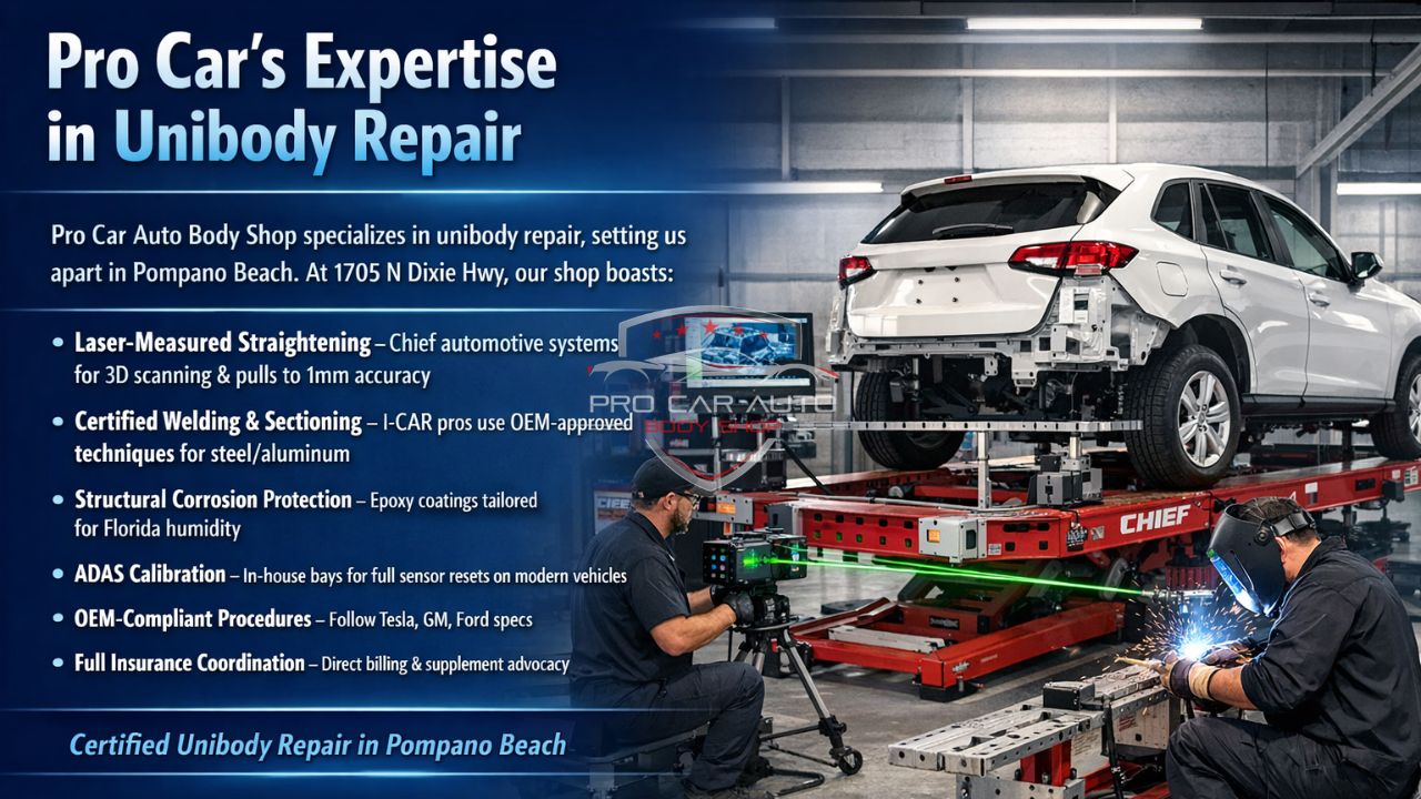 Pro Car Auto Body Shop performing certified unibody repair with laser frame measurement and welding in Pompano Beach Florida.