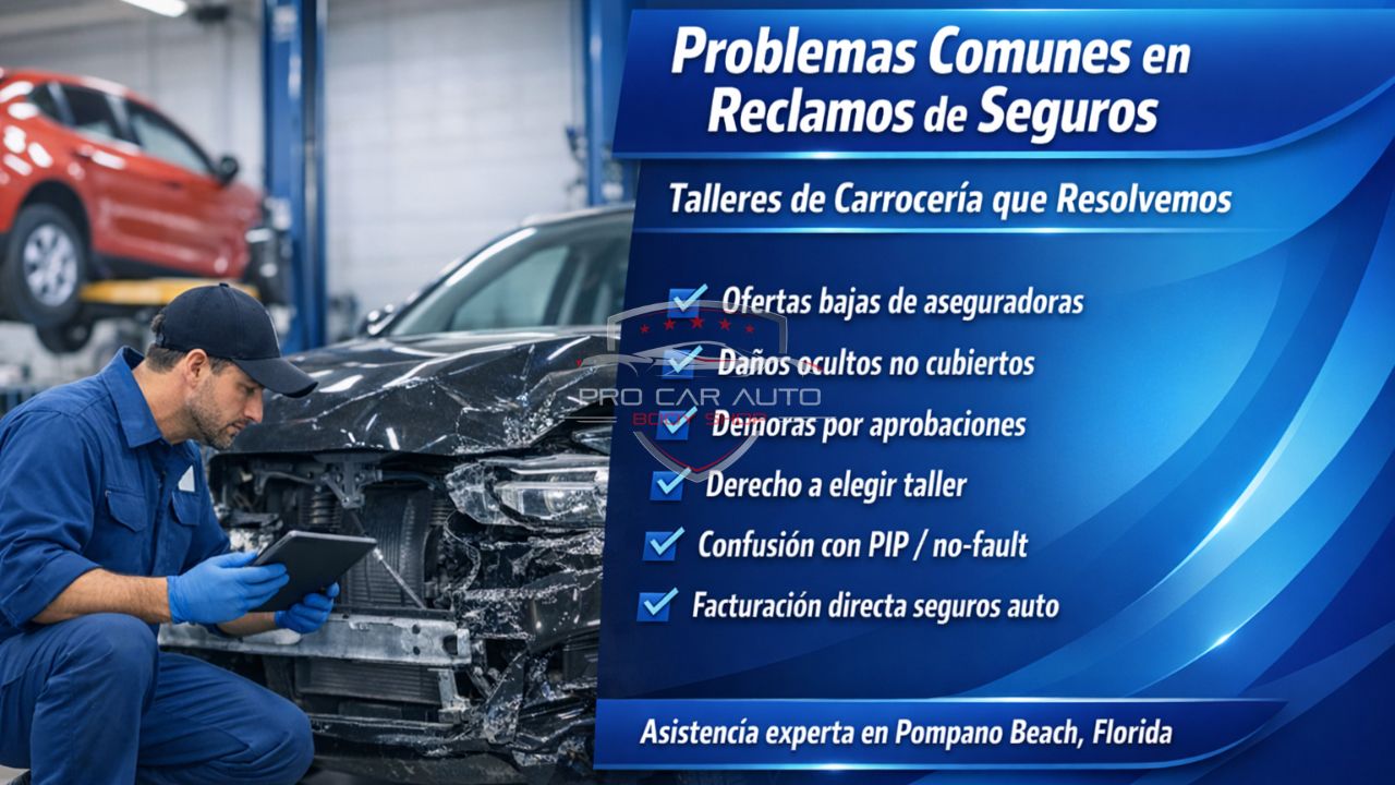 Técnico de taller de carrocería inspeccionando daño frontal para reclamo de seguro en Pompano Beach, Florida.