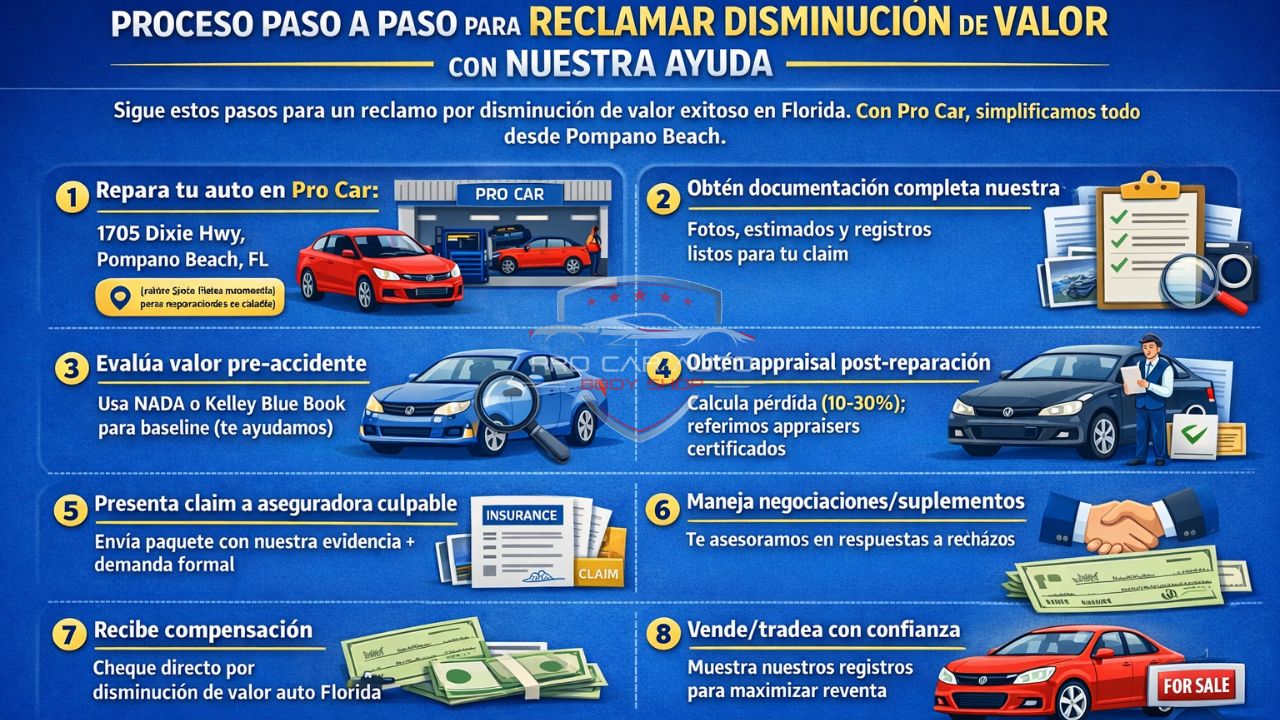 Infografía que muestra el proceso paso a paso para reclamar disminución de valor en Florida, incluyendo reparación, documentación, appraisal y negociación con aseguradora en Pompano Beach.