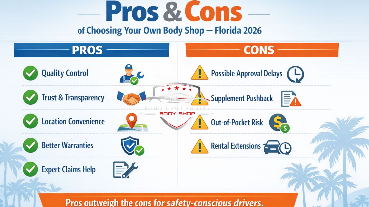 Pros and cons infographic of choosing your own body shop in Florida 2026 showing benefits and potential insurance drawbacks.
