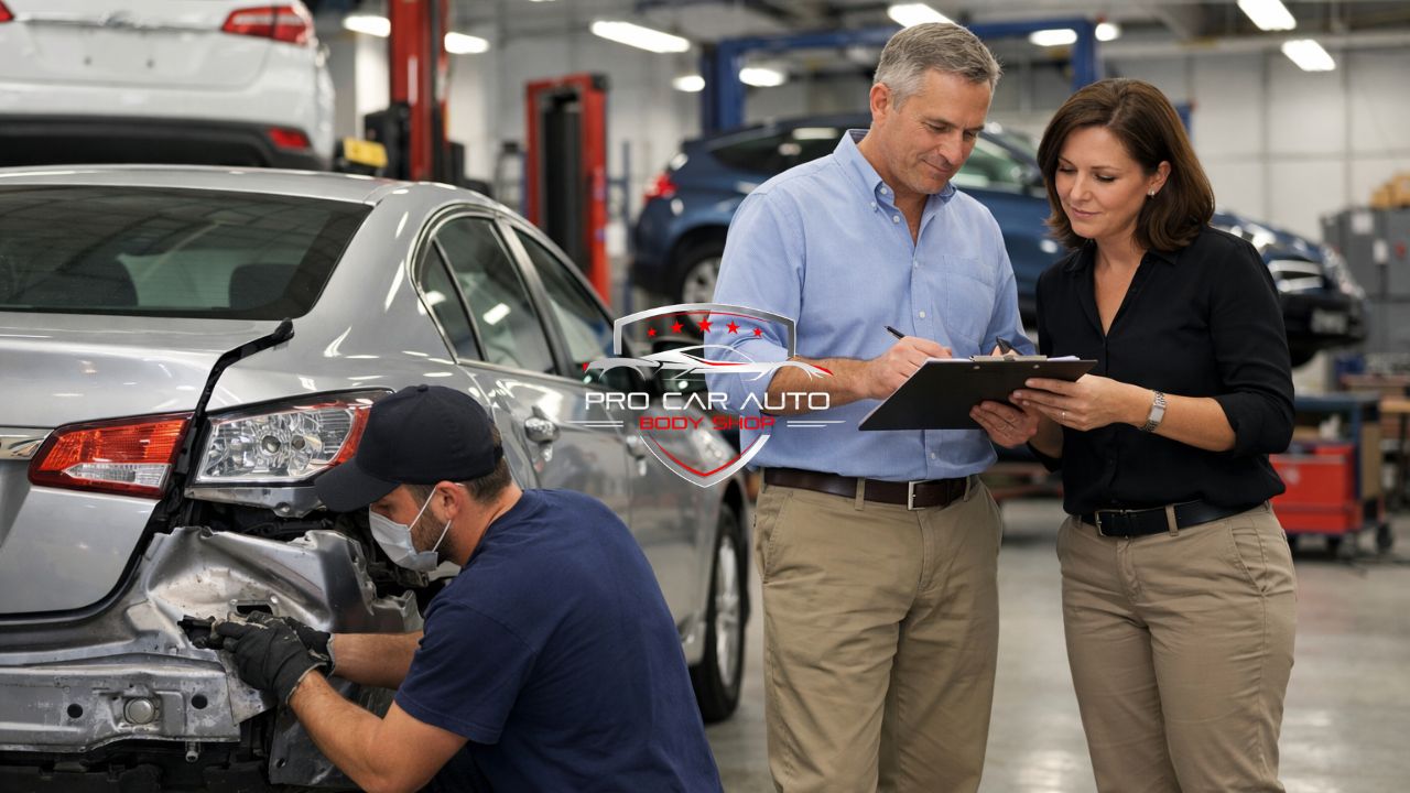 Rear end collision repair in Florida with technician fixing damaged bumper while insurance claim paperwork is reviewed in Pompano Beach auto body shop.