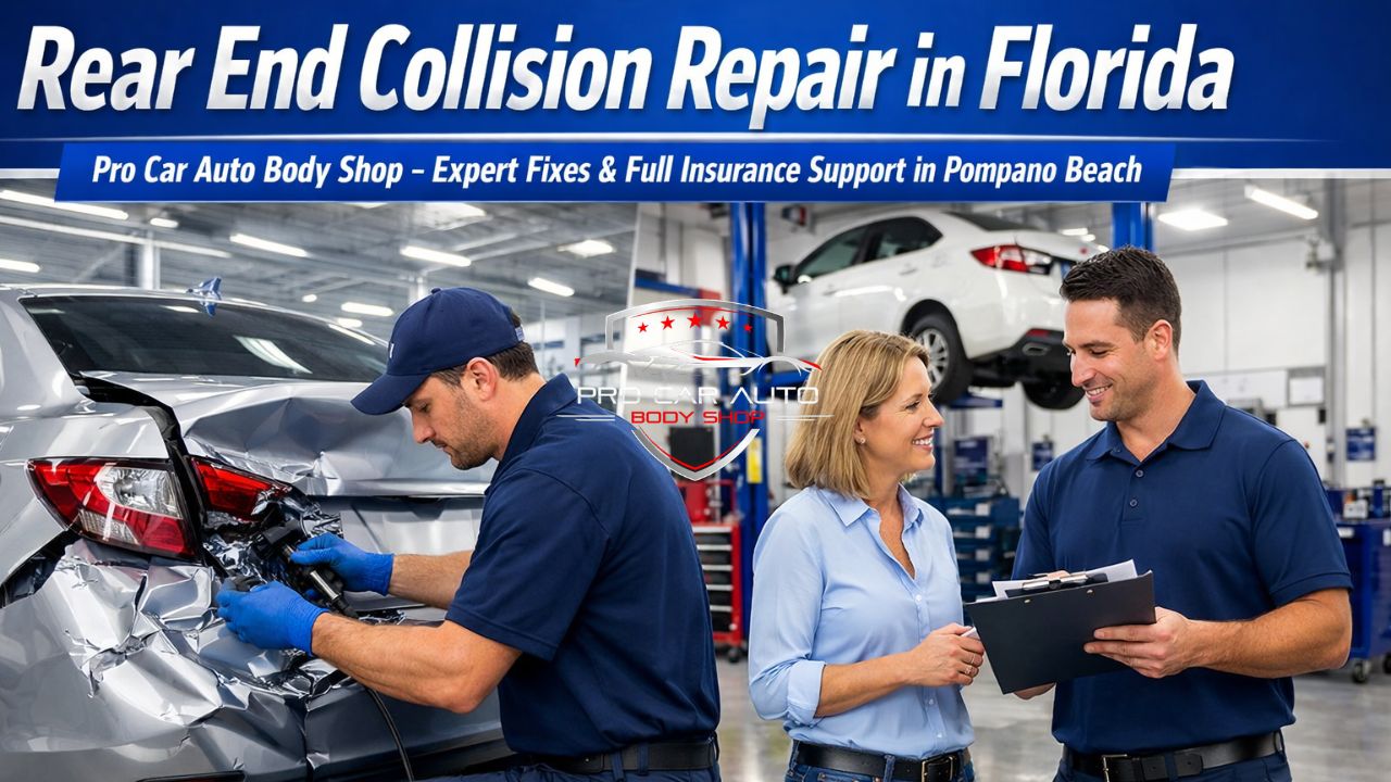 Rear end collision repair in Florida showing damaged bumper and taillight replacement with full insurance support in Pompano Beach 
