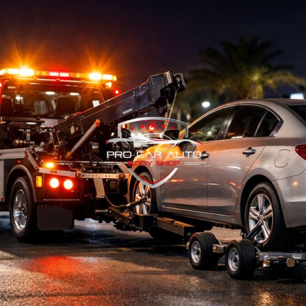 Servicio de grúa remolcando vehículo accidentado durante la noche en Pompano Beach, Florida, para reparación y reclamo de seguro en taller de carrocería 