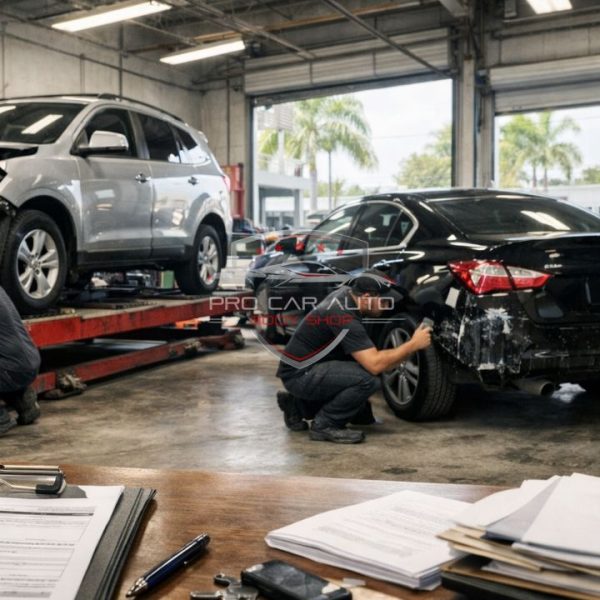 Taller de reparación de colisión en Pompano Beach trabajando con seguros y enderezado estructural de vehículos 
