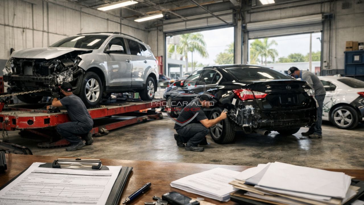 Taller de reparación de colisión en Pompano Beach trabajando con seguros y enderezado estructural de vehículos
