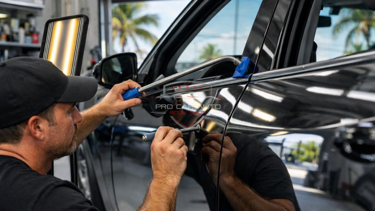 Técnico realizando reparación de abolladuras sin pintura (PDR) en puerta de auto negro en taller de carrocería en Pompano Beach, Florida.
