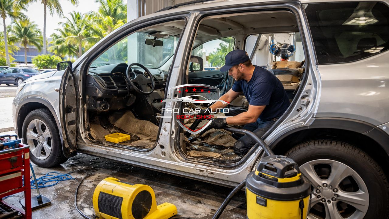 Técnico extrayendo agua del interior de SUV con daños por inundación en taller de carrocería en Pompano Beach, FL, utilizando aspiradora industrial y equipo de secado profesional.