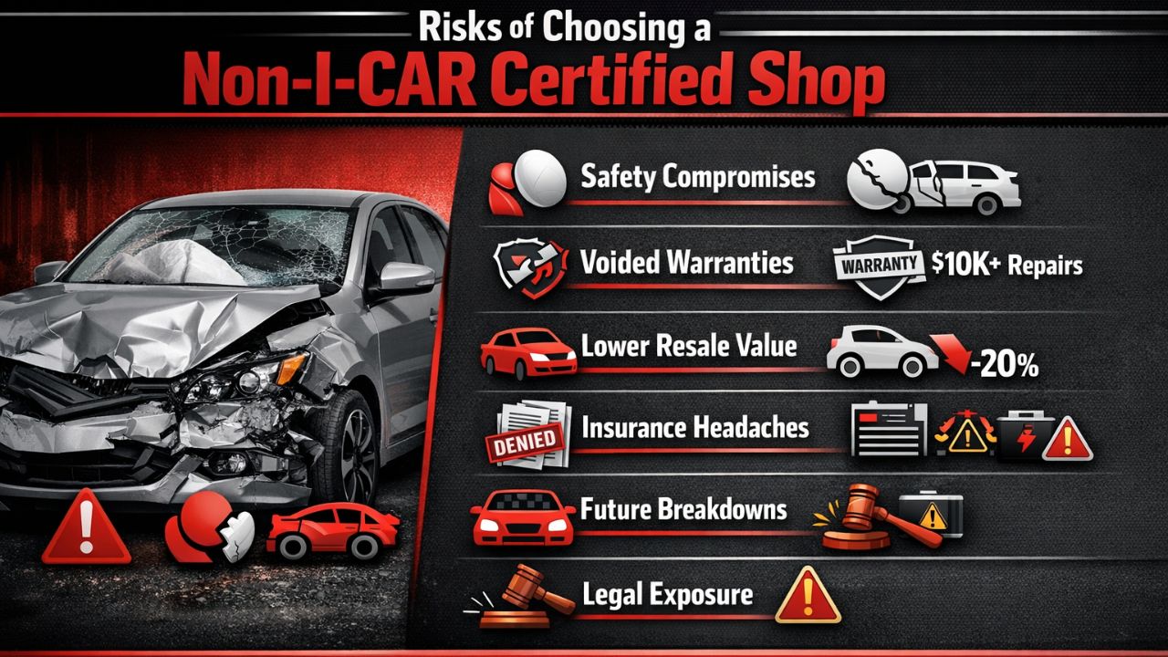 Risks of choosing a non-I-CAR certified body shop showing safety compromises, voided warranties, insurance issues, and lower resale value.
