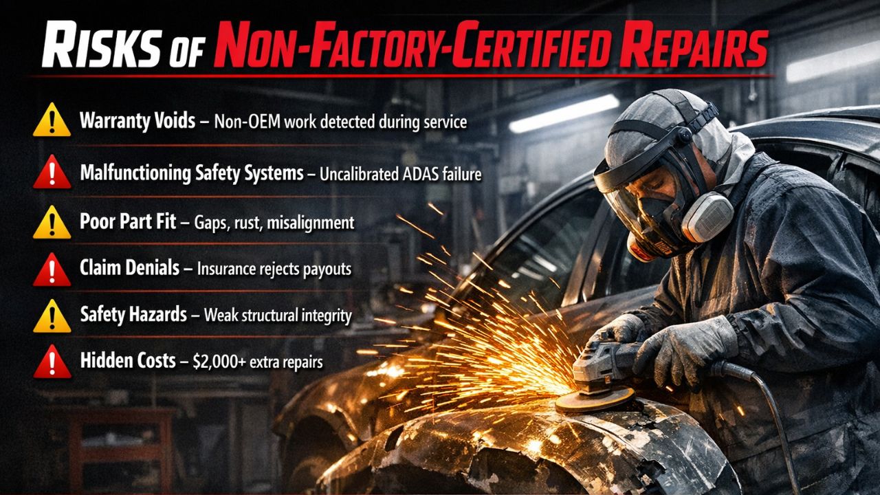 Risks of non-factory-certified collision repairs including warranty voids, ADAS failure, claim denials, and safety hazards.