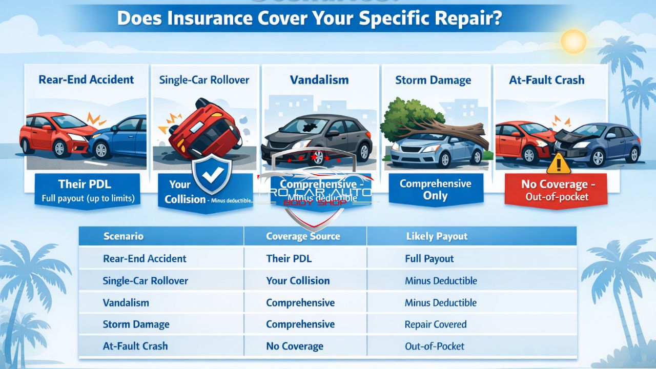 Infographic explaining auto insurance coverage for rear-end accidents, rollover, vandalism, storm damage, and at-fault crash repairs.