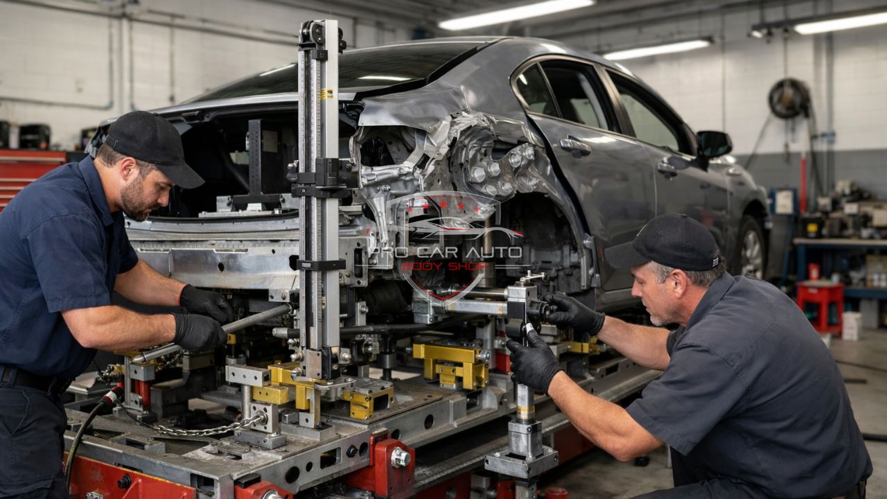 Structural frame straightening repair in Florida auto body shop using precision measuring system after major collision damage.