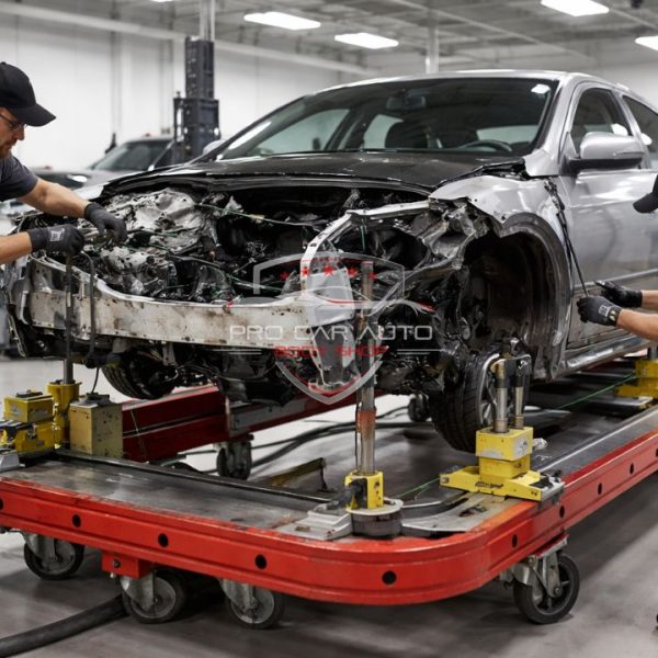 Structural frame repair in Florida collision center using professional frame straightening equipment after major front end accident damage 