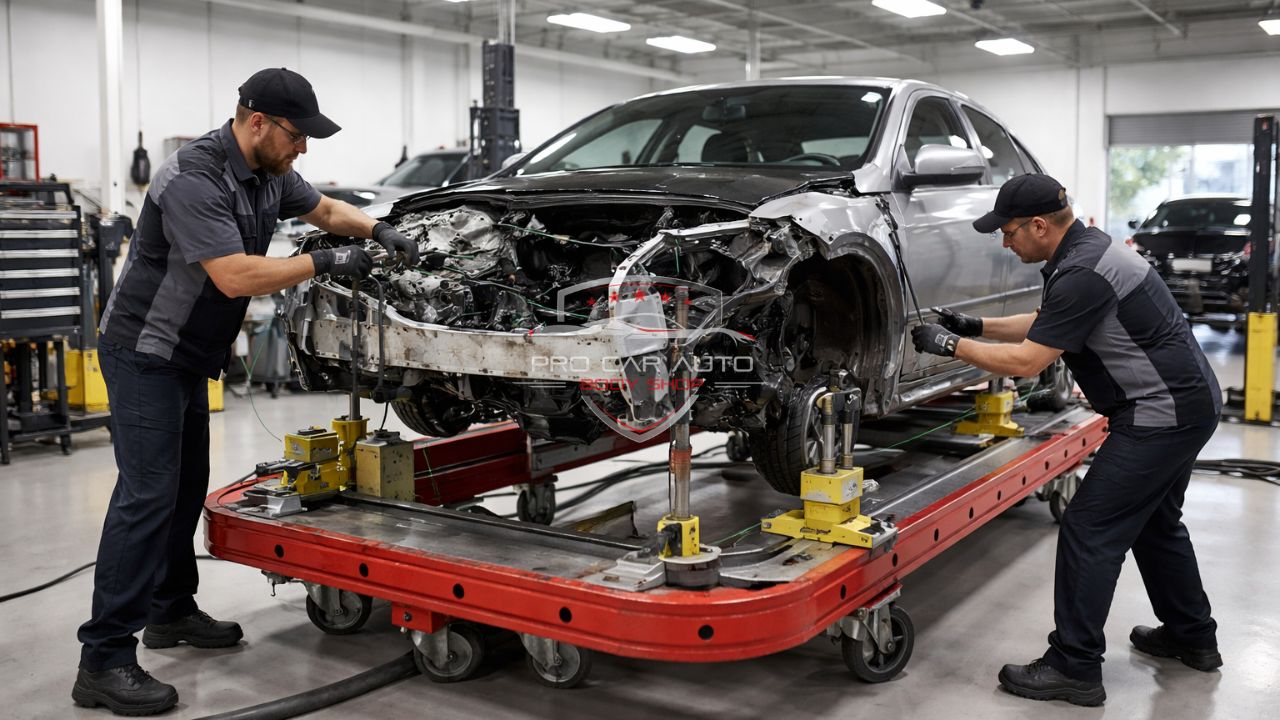 Structural frame repair in Florida collision center using professional frame straightening equipment after major front end accident damage