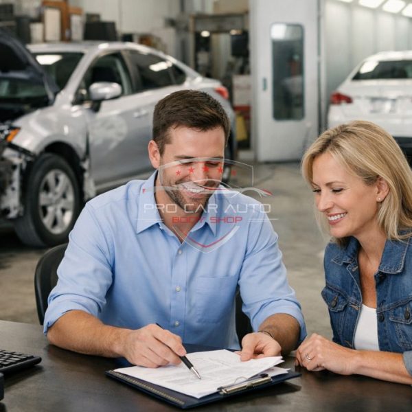 Cliente firmando documentos de reclamo de seguro con asesor en taller de carrocería recomendado por public adjuster en Pompano Beach, Florida, mientras reparan vehículo al fondo 