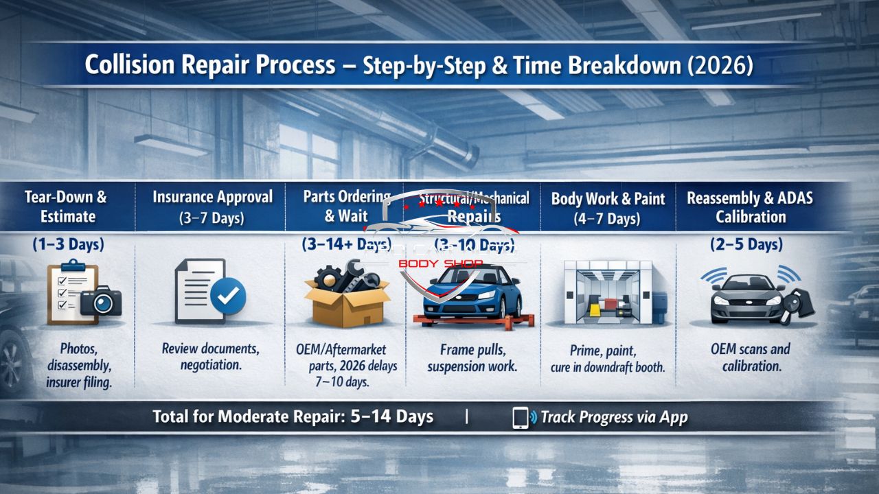 Collision repair process step-by-step time breakdown 2026 showing estimate, insurance approval, parts ordering, structural repairs, paint, and ADAS calibration timelines.