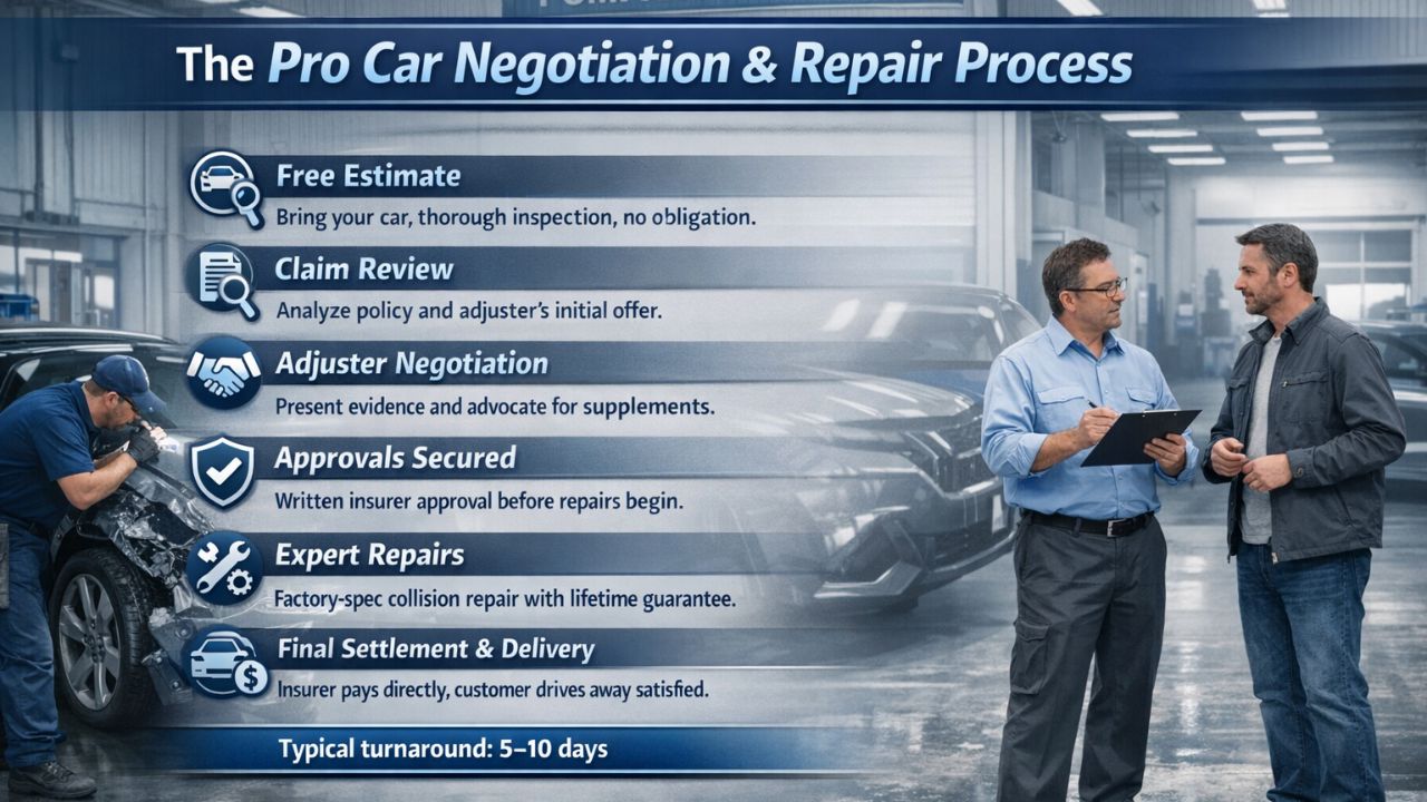 Pro Car Auto Body Shop insurance negotiation and collision repair process in Pompano Beach from estimate to final settlement.