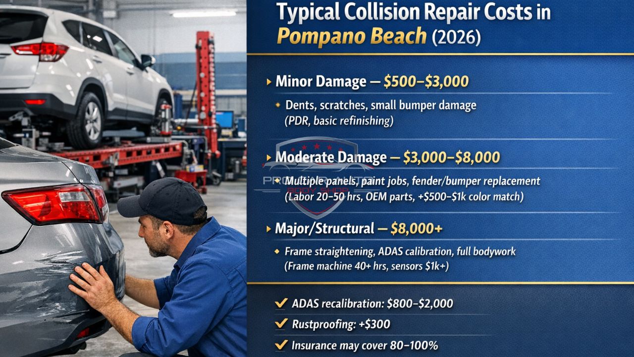 Typical collision repair costs in Pompano Beach 2026 showing minor, moderate, and major structural damage price ranges.