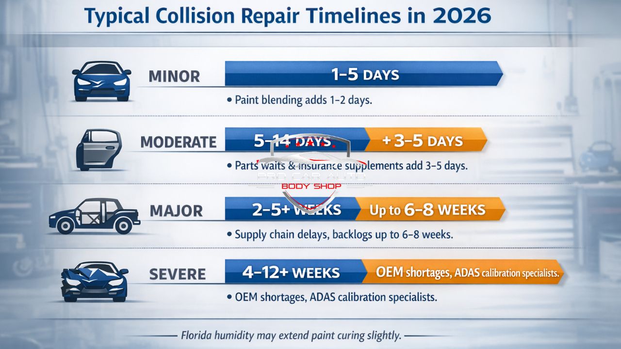 Typical collision repair timelines in 2026 showing minor repairs 1–5 days, moderate repairs 5–14+ days, major repairs 2–8 weeks, and severe damage 4–12+ weeks in Florida body shops.