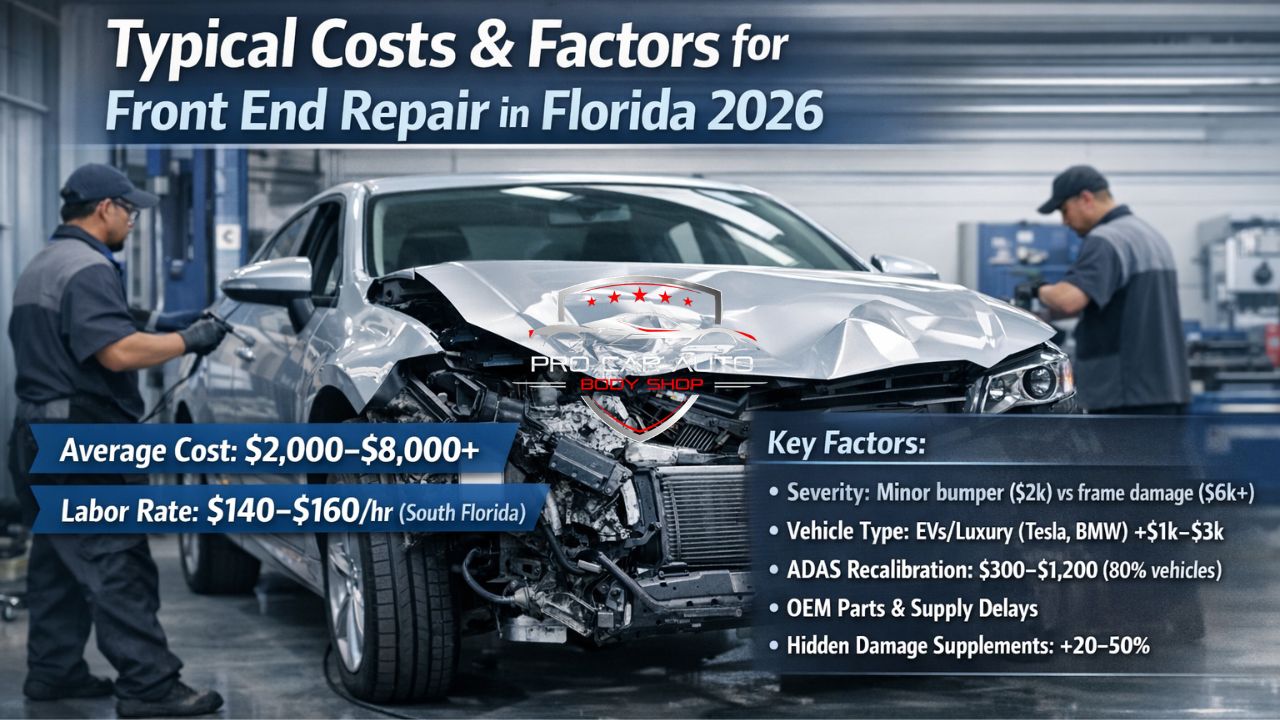 Typical front end collision repair costs in Florida 2026 showing $2,000–$8,000+ average repair cost and $140–$160 per hour labor rate in South Florida.