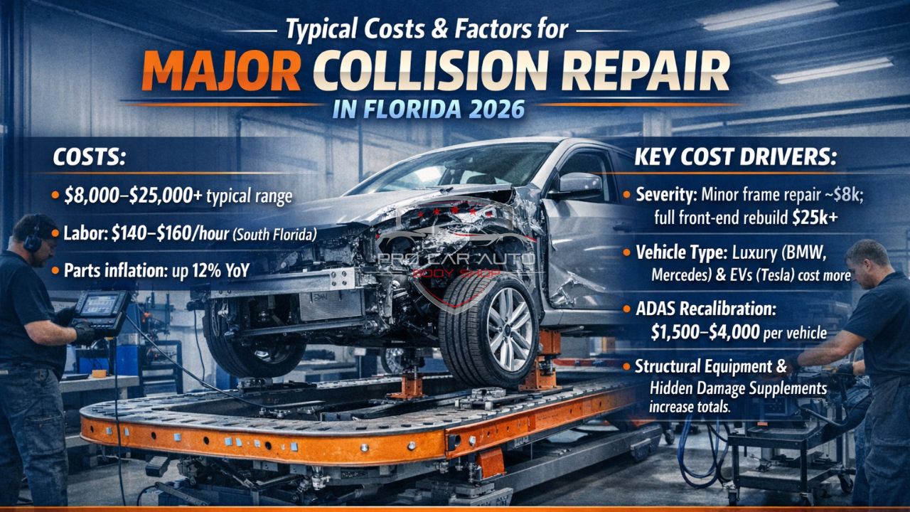 Typical costs and key factors for major collision repair in Florida 2026 showing $8,000–$25,000+ range with ADAS and structural repair considerations.