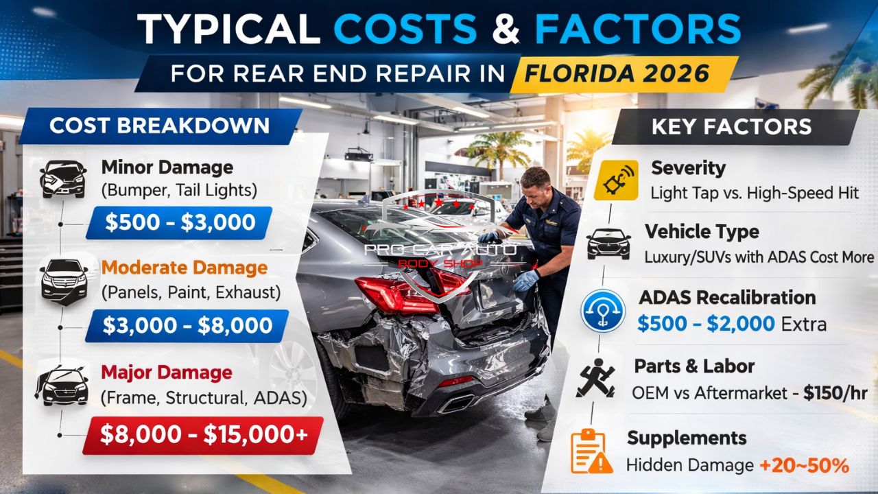 Typical costs and factors for rear end repair in Florida 2026 showing minor, moderate, and major damage price ranges with ADAS recalibration and labor cost breakdown.
