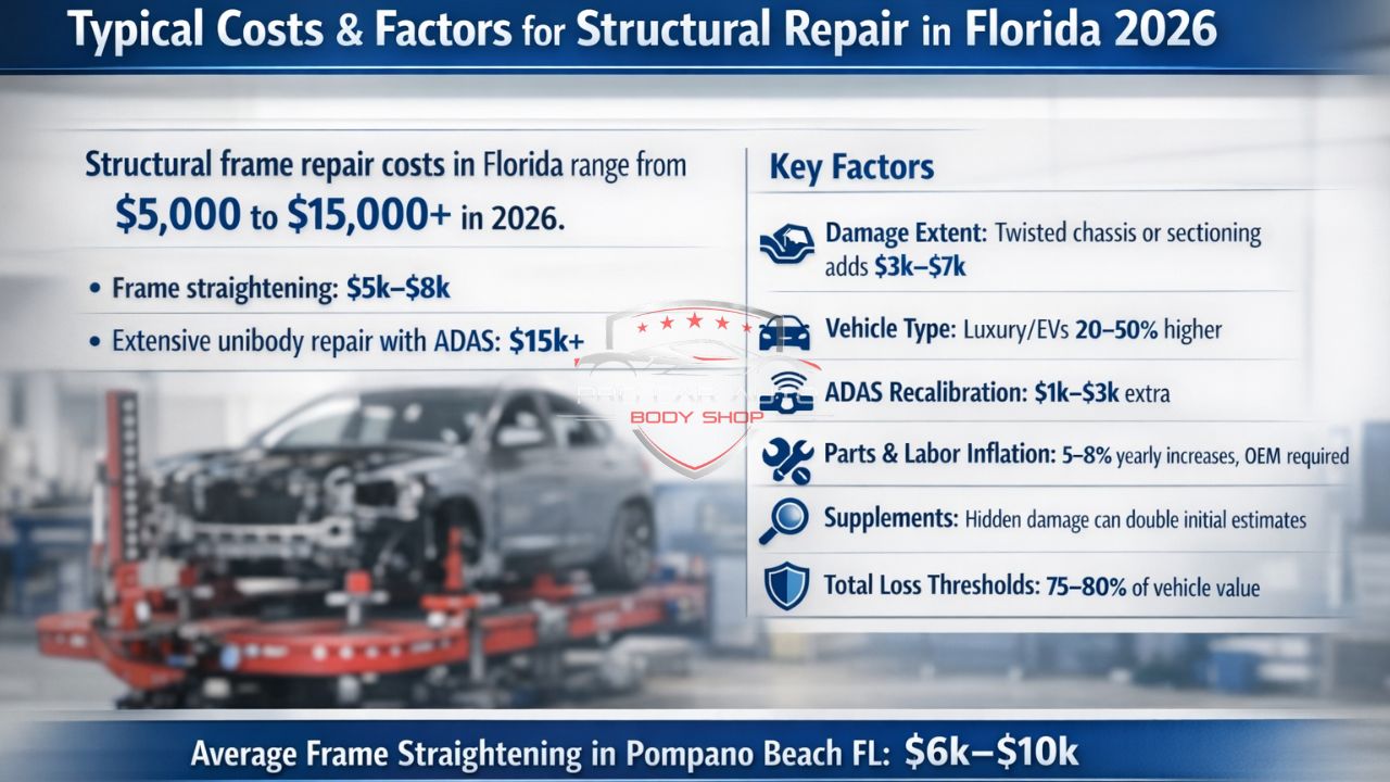 Structural frame repair cost breakdown in Florida 2026 showing $5,000 to $15,000+ range with ADAS recalibration and key cost factors.