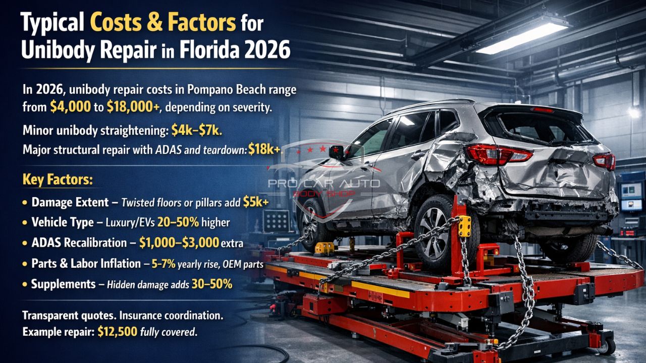 Typical costs and key factors for unibody repair in Florida 2026 showing structural SUV frame damage on repair rack in Pompano Beach.