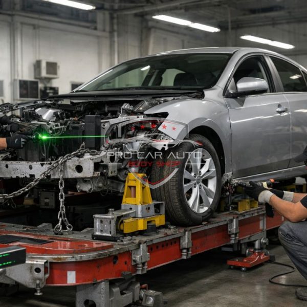 Unibody frame repair in Pompano Beach auto body shop using laser measuring system and frame straightening equipment 