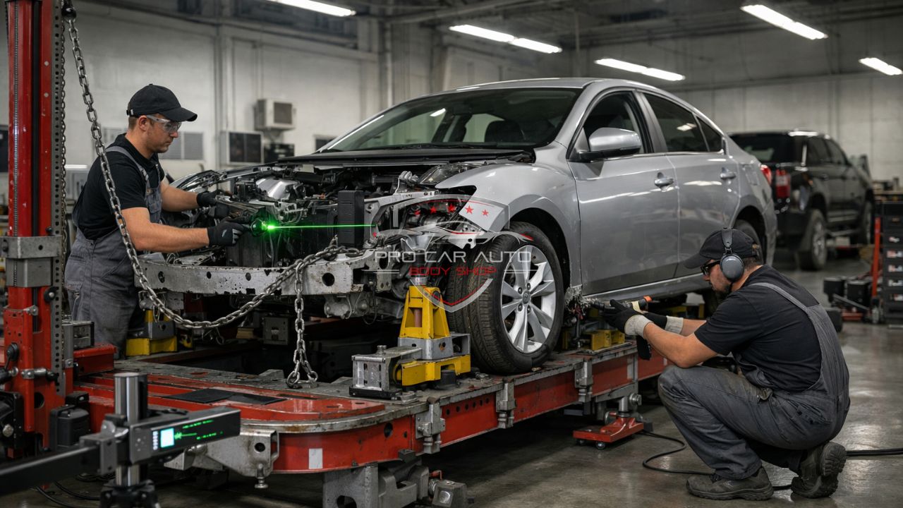 Unibody frame repair in Pompano Beach auto body shop using laser measuring system and frame straightening equipment 