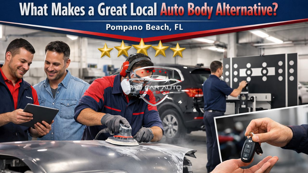 Auto body repair technicians in Pompano Beach performing paint refinishing and ADAS calibration while customers review service details at a 5-star rated local collision repair shop.