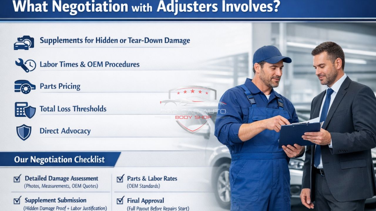 Auto body shop technician reviewing repair estimate with insurance adjuster during claim negotiation in Pompano Beach.