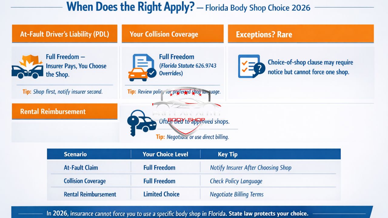 Infographic explaining Florida body shop choice rights 2026 including collision coverage, at-fault liability, and rental reimbursement rules.