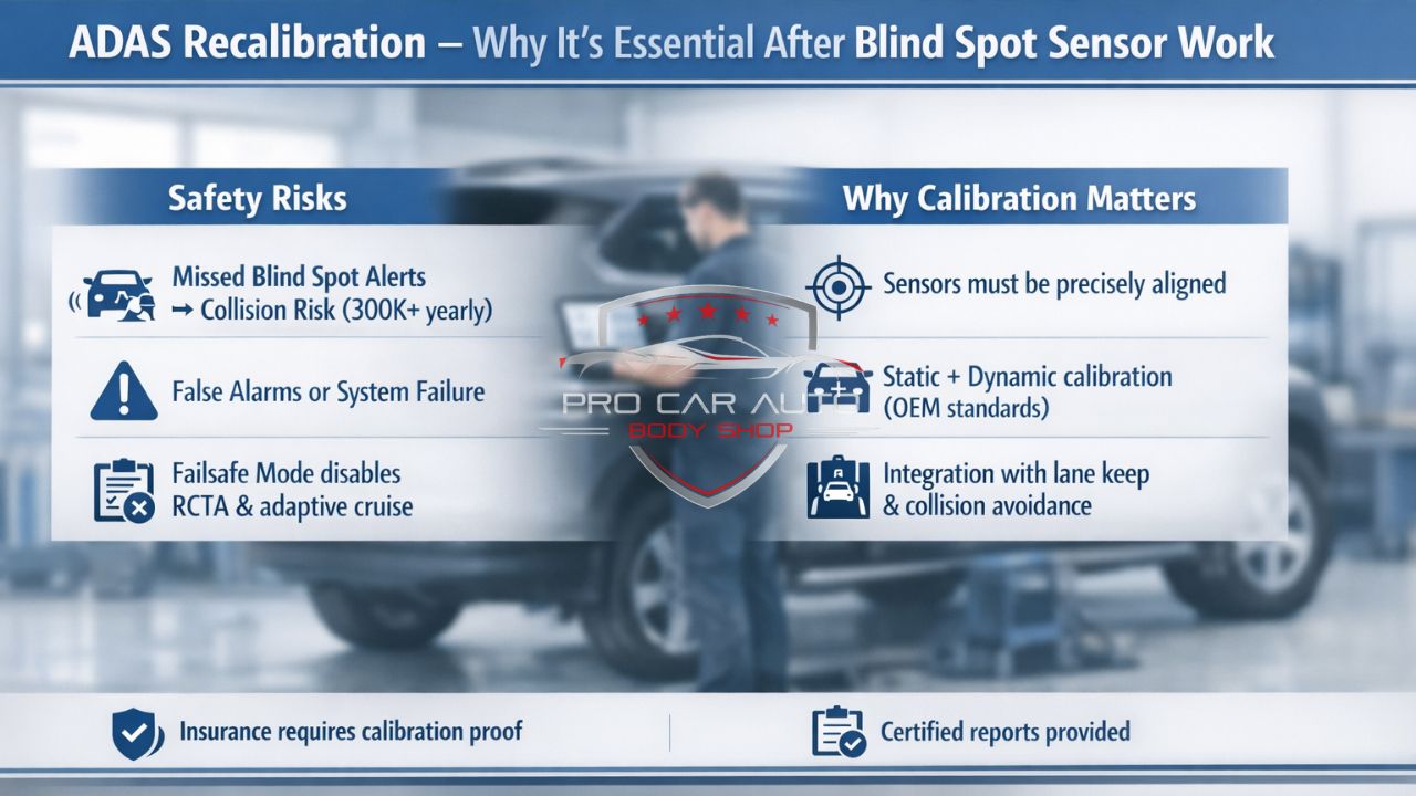 ADAS recalibration after blind spot sensor repair showing safety risks, system alignment, and calibration requirements for vehicle safety systems.