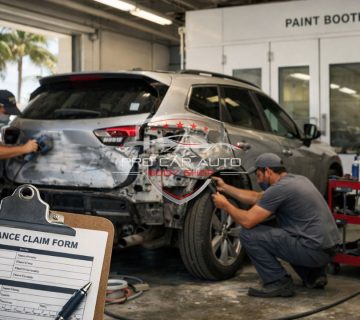Technicians repairing rear vehicle damage in a Florida auto body shop with an insurance claim form in the foreground 