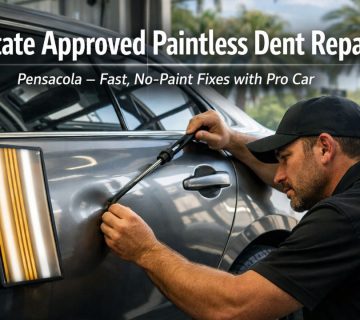 Technician performing Allstate approved paintless dent repair (PDR) on a vehicle in Pensacola, Florida using precision tools 