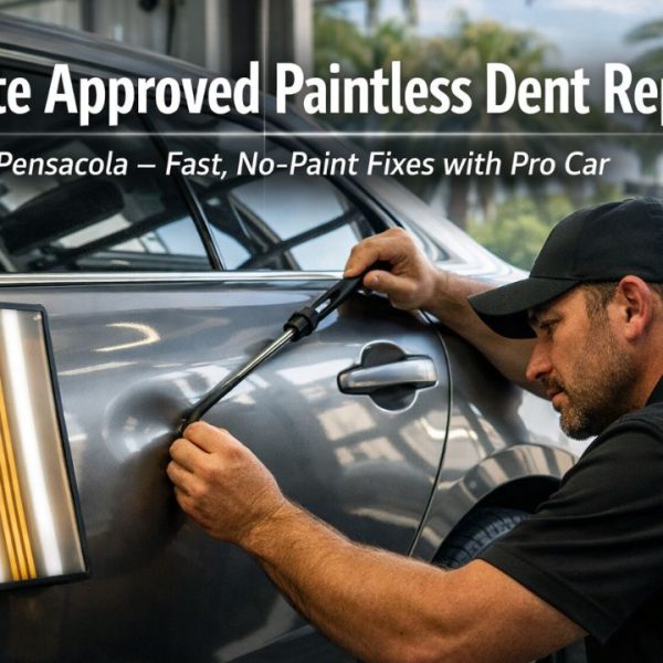Technician performing Allstate approved paintless dent repair (PDR) on a vehicle in Pensacola, Florida using precision tools 