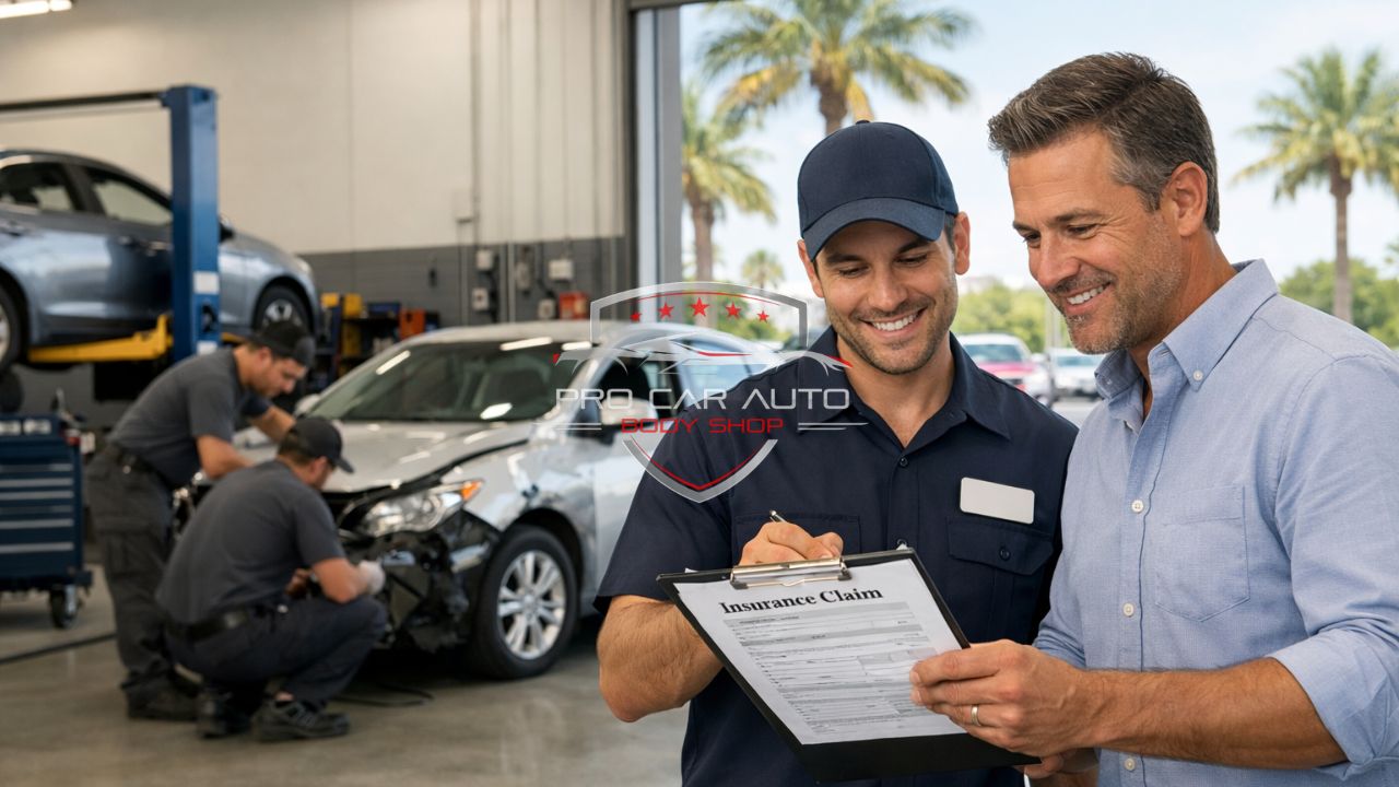 Customer reviewing insurance claim details with a technician in a Tampa auto body shop while repairs are performed in the background.
