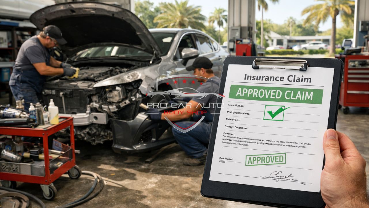 Technicians repairing a damaged vehicle after insurance claim approval in a Tampa auto body shop, with claim paperwork displayed