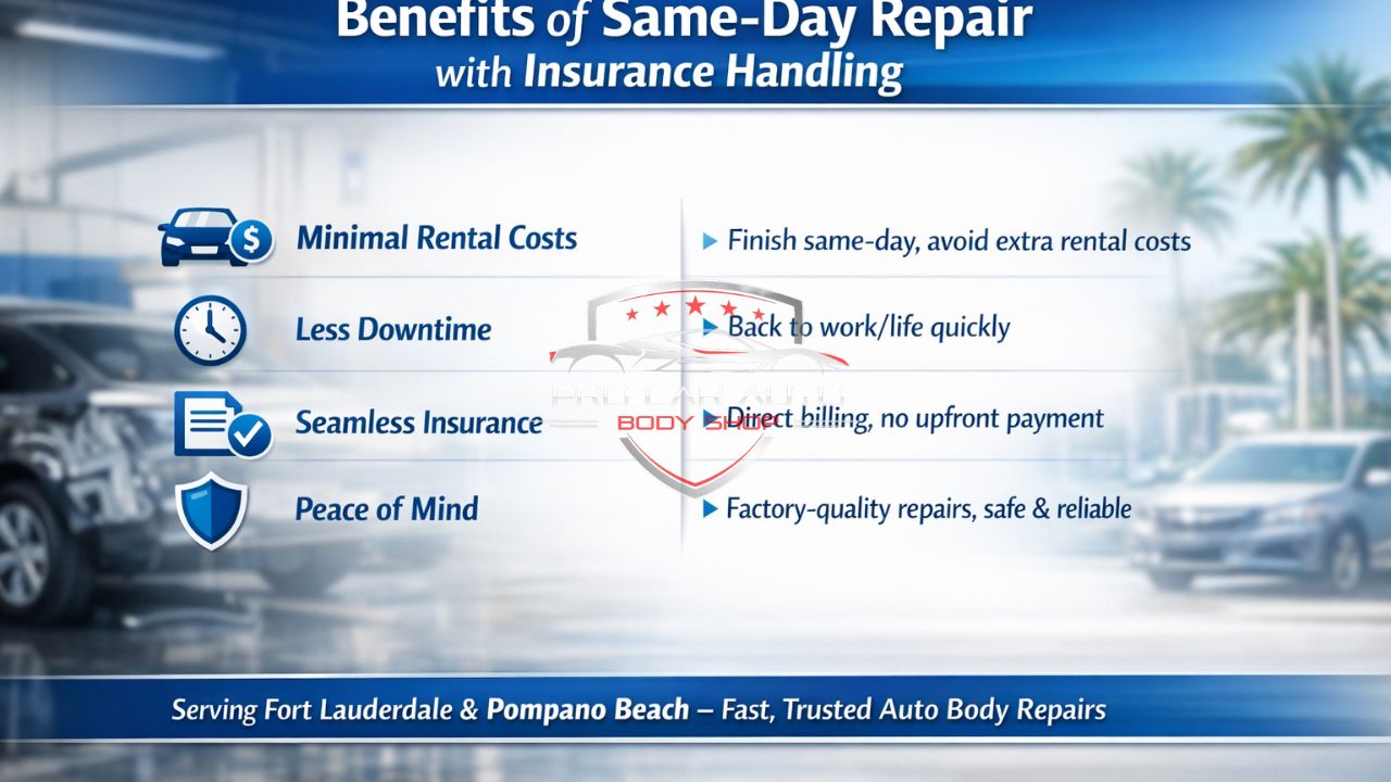 Infographic showing benefits of same-day auto body repair with insurance handling including reduced rental costs, less downtime, and direct billing.