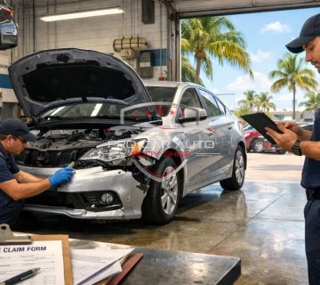 Technicians inspecting and repairing front end vehicle damage in a Miami auto body shop while documenting an insurance claim on a tablet 