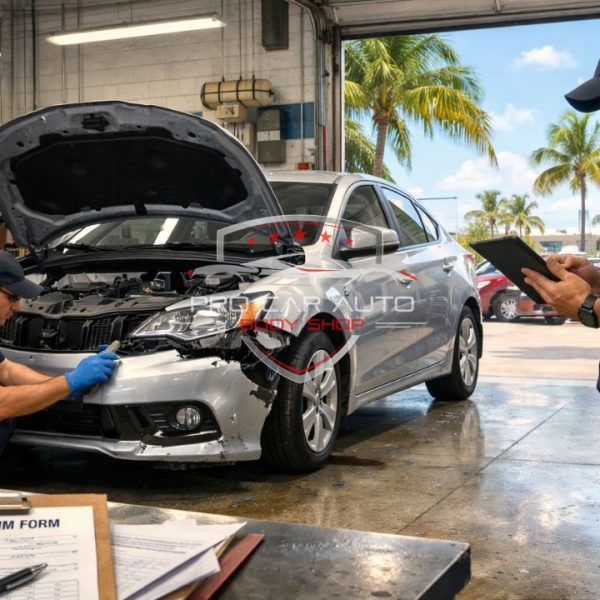 Technicians inspecting and repairing front end vehicle damage in a Miami auto body shop while documenting an insurance claim on a tablet 