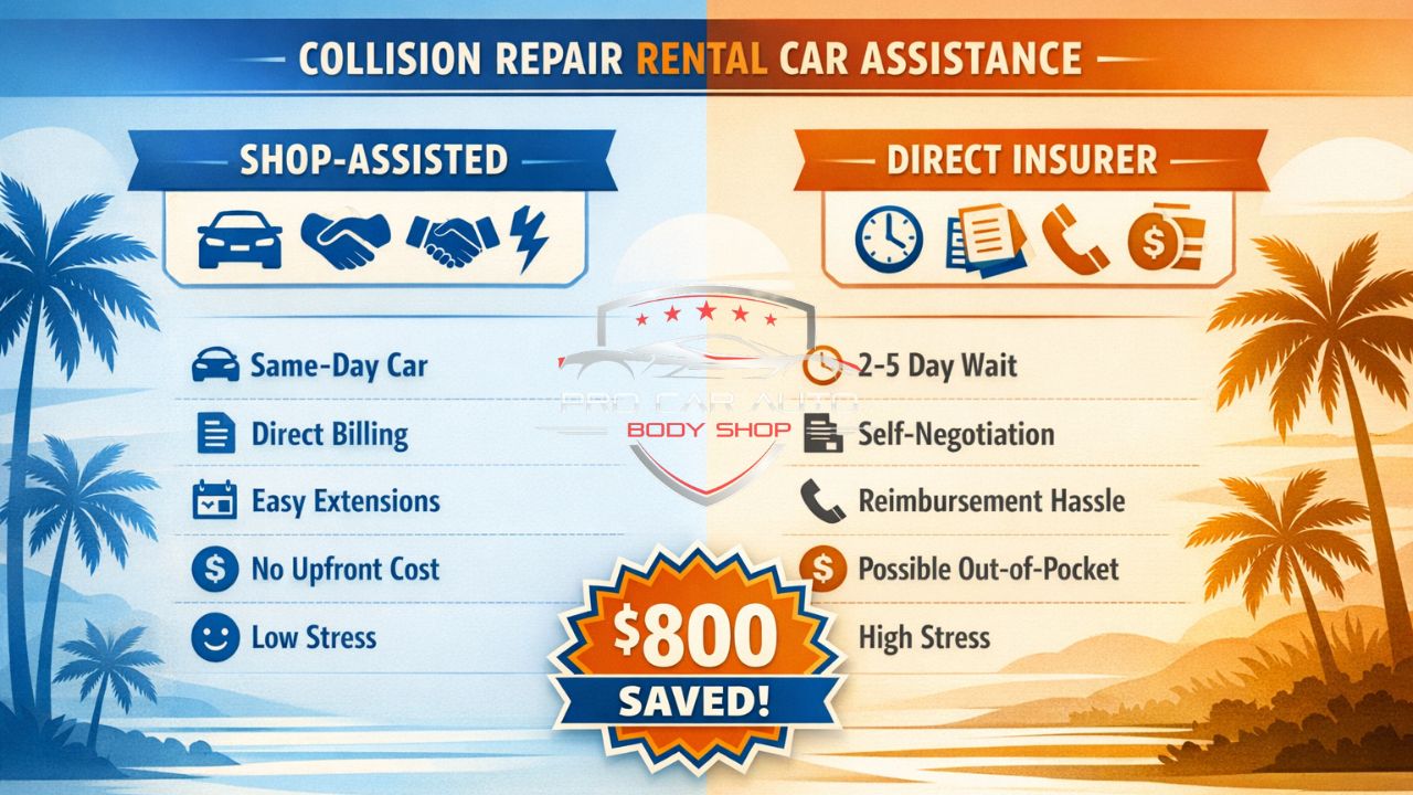 Collision repair shop rental car assistance vs direct insurer comparison infographic showing same-day rental, direct billing, and no upfront cost benefits.
